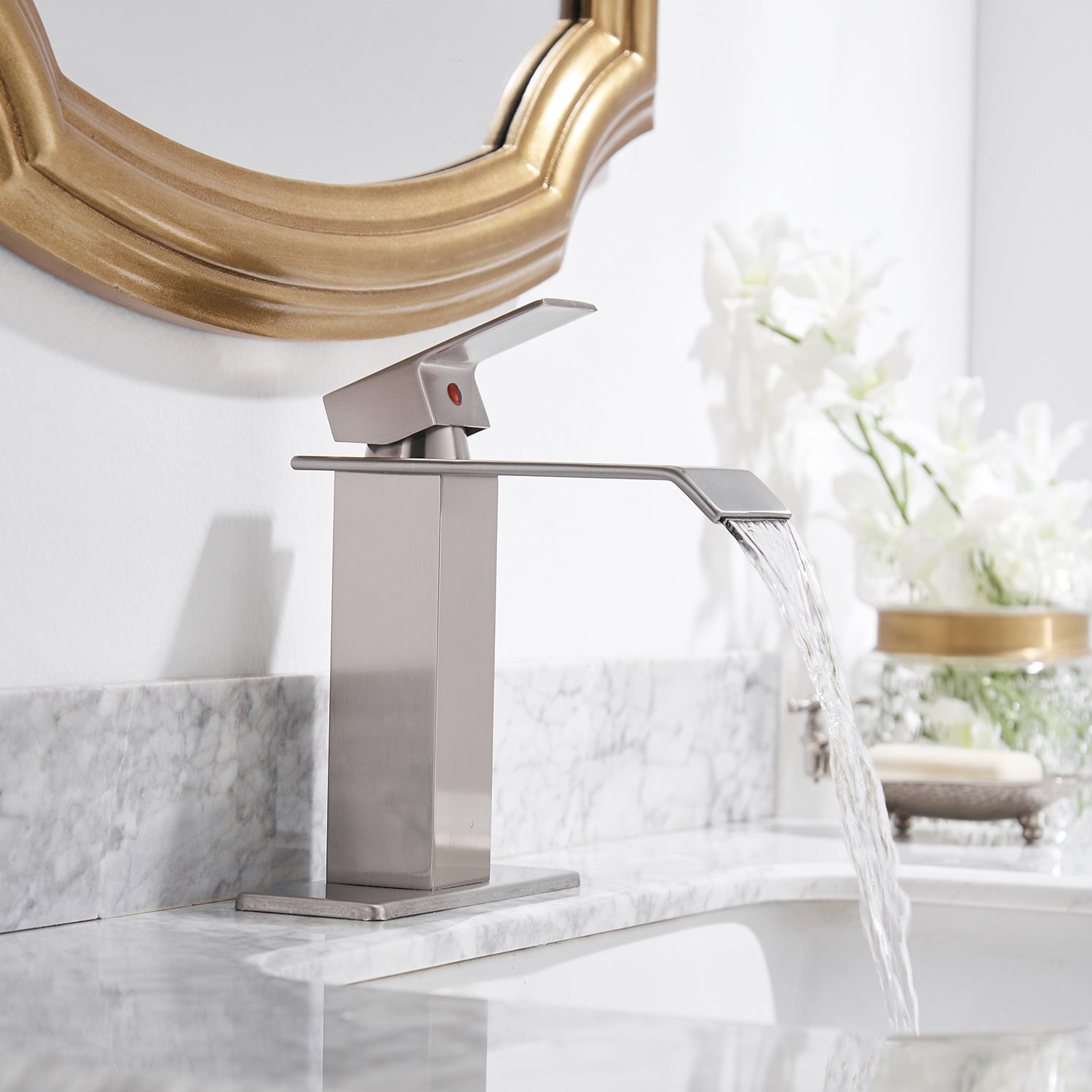 Waterfall Single Hole Single-Handle Low-Arc Bathroom Faucet With Supply Line and Escutcheon Polished Chrome and Brushed Nickel