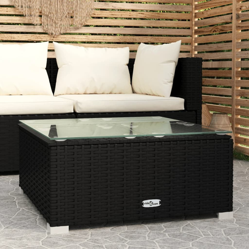 Patio Coffee Table Black 23.6"x23.6"x11.8" Poly Rattan and Glass