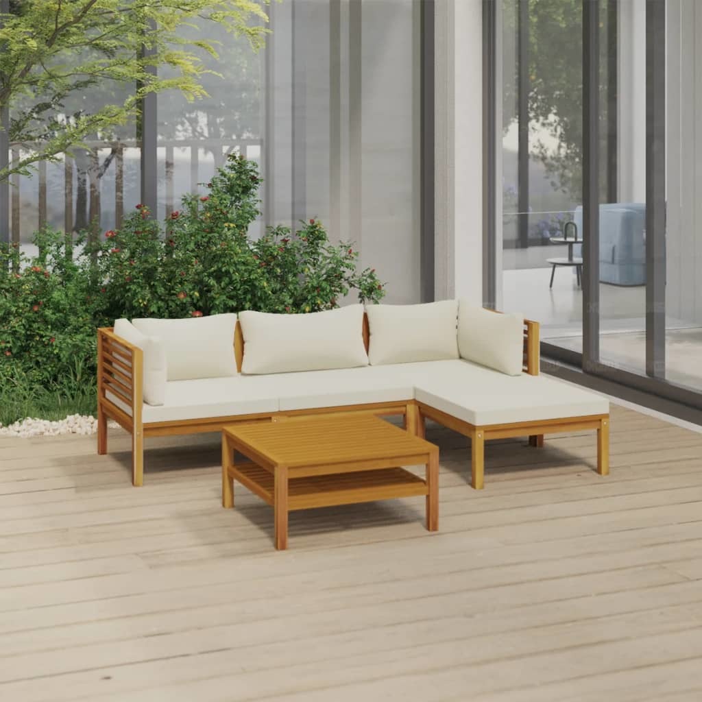 5 Piece Patio Lounge Set with Cream Cushion Solid Acacia Wood