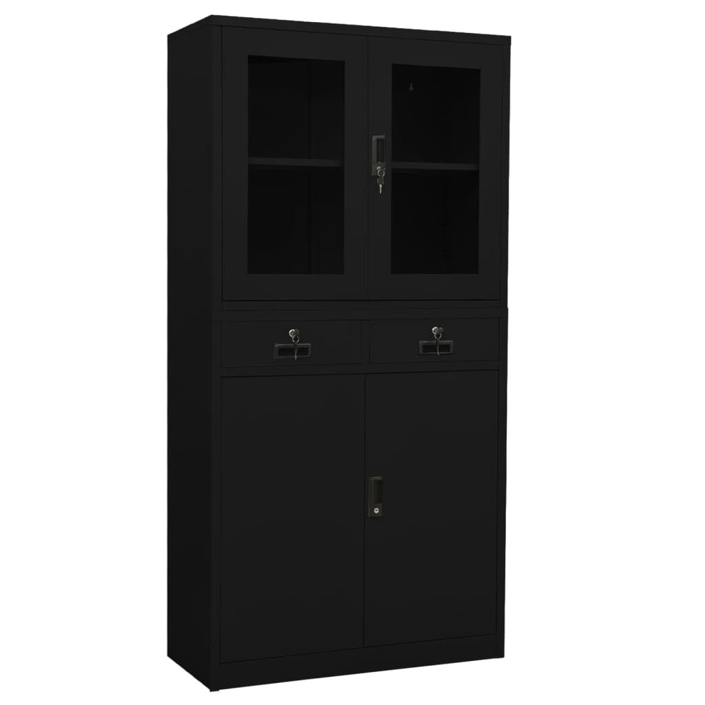 Office Cabinet Black 35.4"x15.7"x70.9" Steel and Tempered Glass