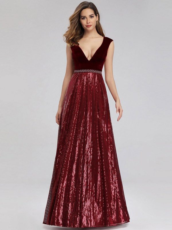 Burgundy Velvet Bodice Sequin Gown