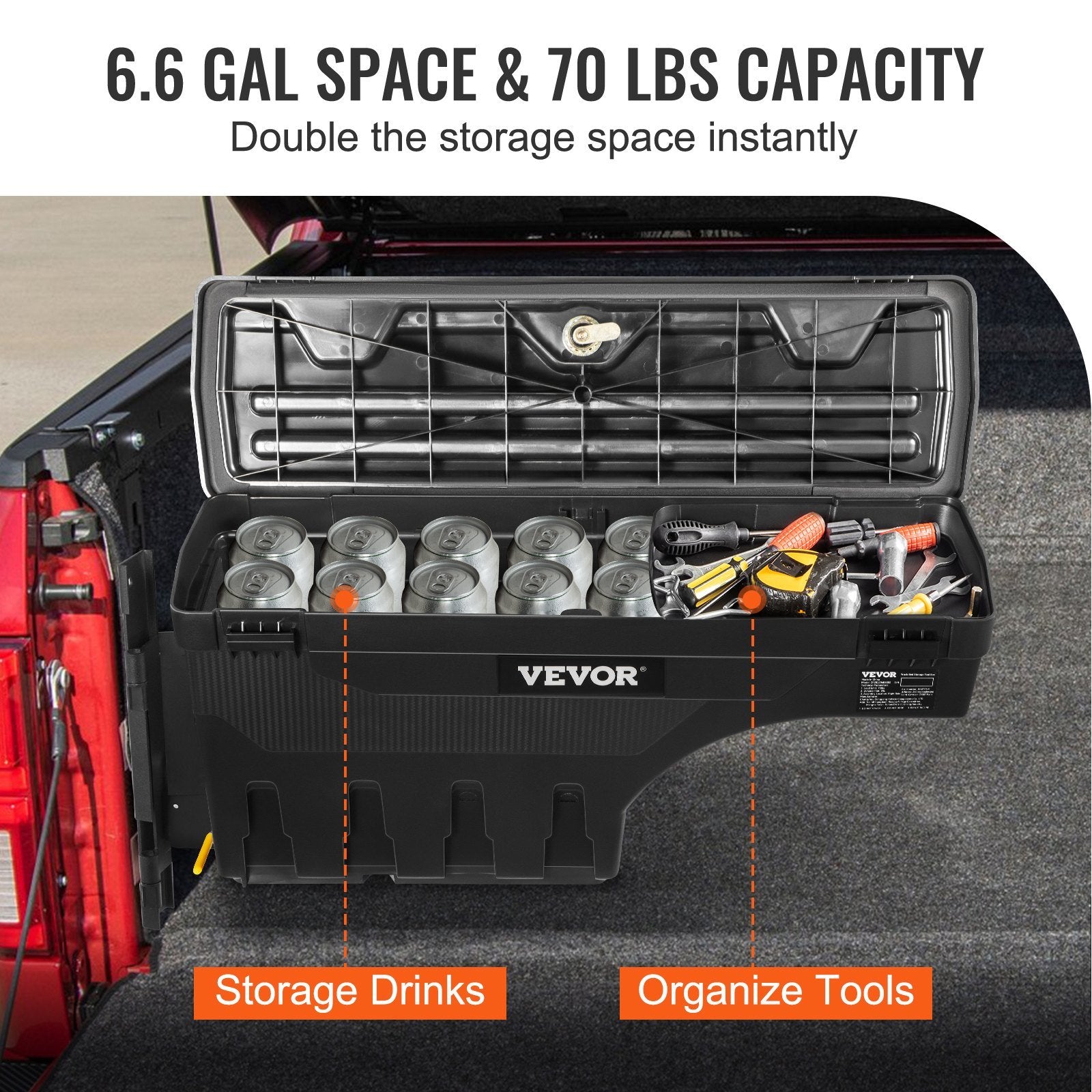 VEVOR Truck Bed Storage Box, Lockable Lid, Waterproof ABS Wheel Well Tool Box 6.6 Gal/20 L, Compatible with Chevrolet Silverado 1500 GMC Sierra 1500 2