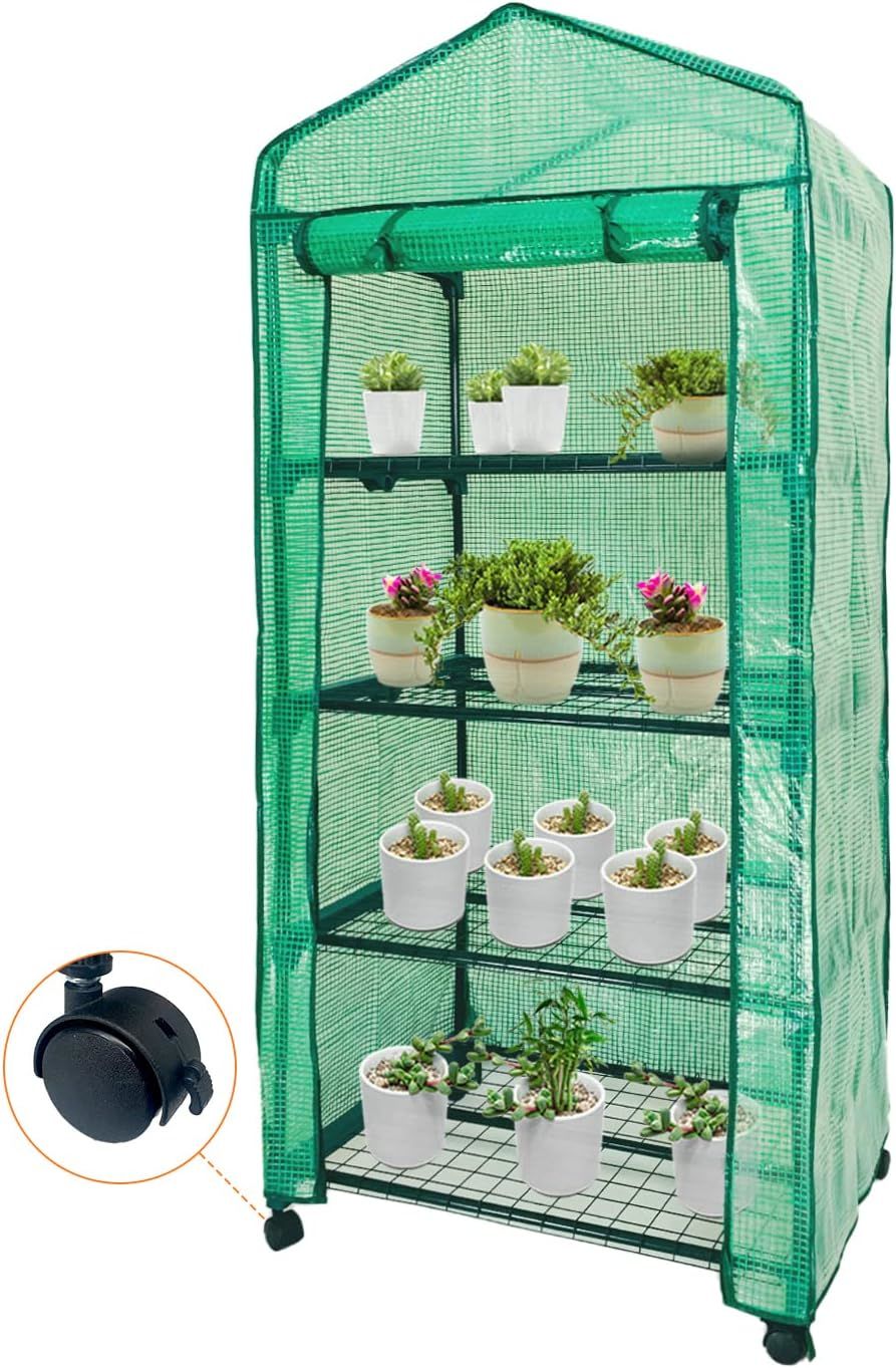 Walk In Greenhouse With Shelves,Walk-In Plant Green House With Durable Green PE Cover, 3 Tiers 6 Shelves Stands with Ground Pegs & Ropes for Stability, 143x73x195cm