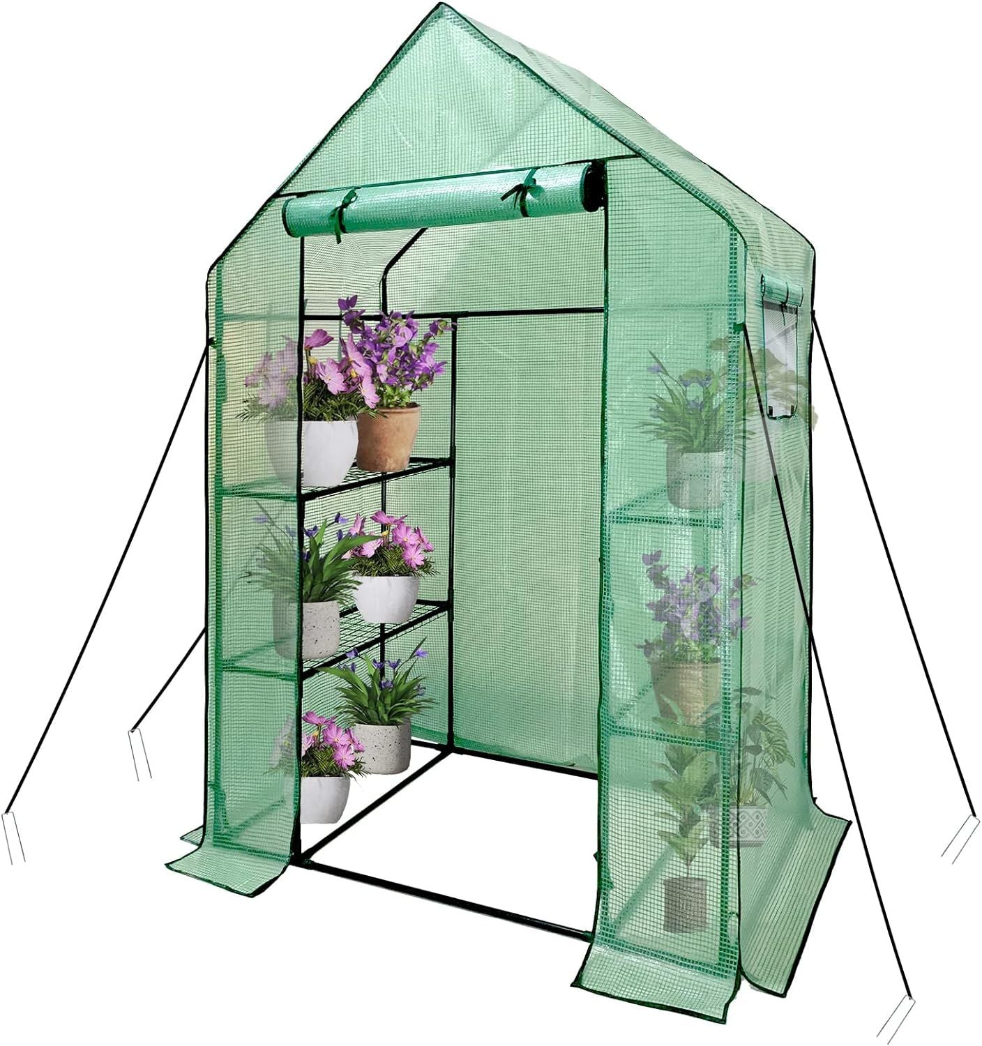 Walk In Greenhouse With Shelves,Walk-In Plant Green House With Durable Green PE Cover, 3 Tiers 6 Shelves Stands with Ground Pegs & Ropes for Stability, 143x73x195cm