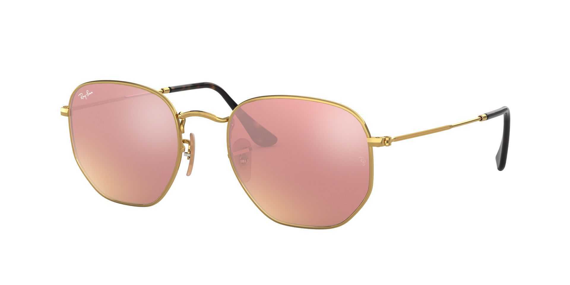 Ray-Ban RB3548N 001/Z2 HEXAGONAL Gold Sunglasses PINK FLASH MIRROR Lens