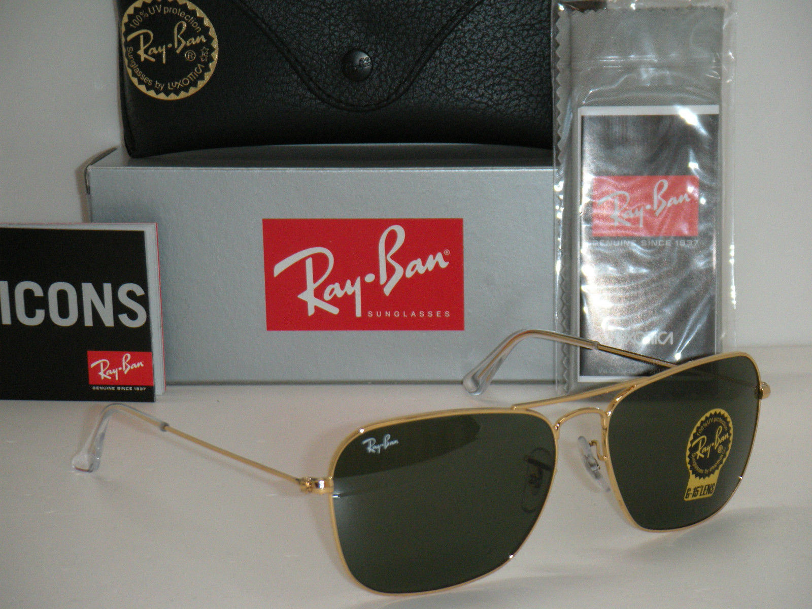 Ray-Ban Caravan Sunglasses Gold Metal Green Lens RB3136 001 Gold Frame Green G-15 Lens - Size 58