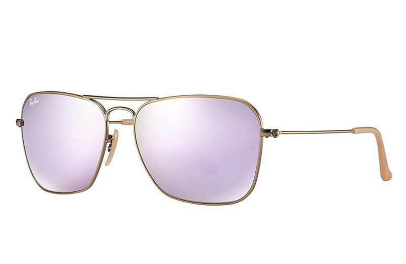 Ray-Ban Caravan Sunglasses Gold Metal purple Mirror Lens RB3136 Gold Frame Green G-15 Lens - Size 58