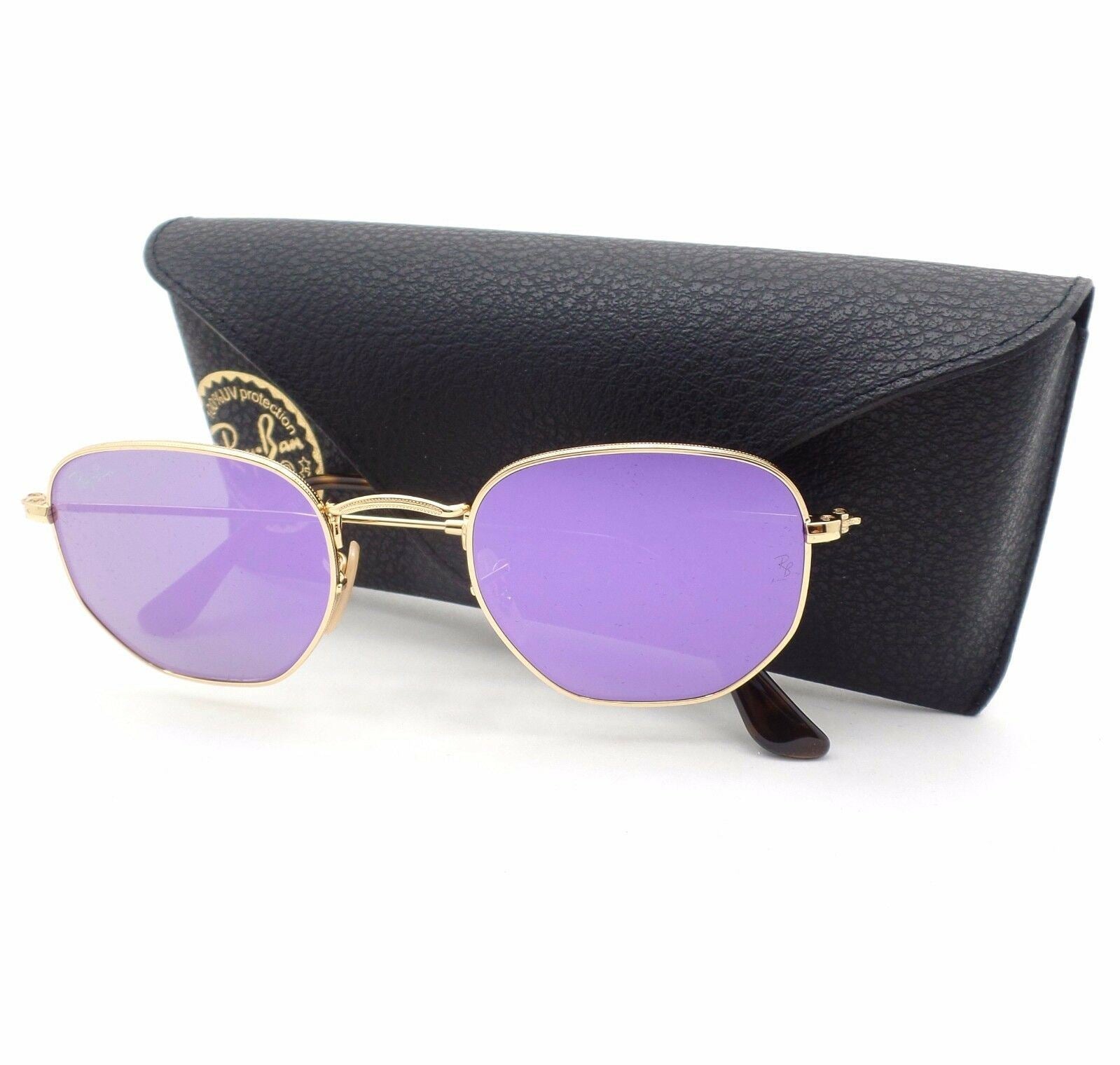 RAY BAN Hexagonal Flat Sunglasses Gold Frame RB 3548N 001/80 PURPLE Mirror -  51mm