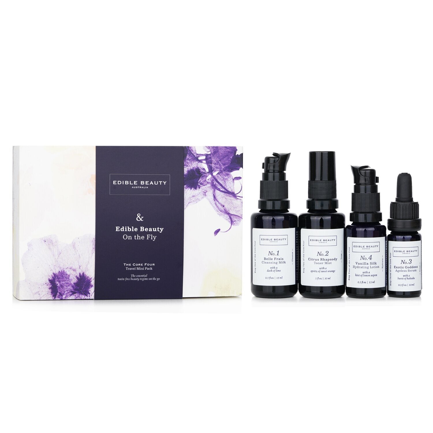 EDIBLE BEAUTY - & Edible Beauty On The Fly Travel Mini Kit: Cleansing Milk 15ml+ Toner Mist 30ml+ Ageless Serum 10ml+ Hydrating Lotion 15ml 4pcs