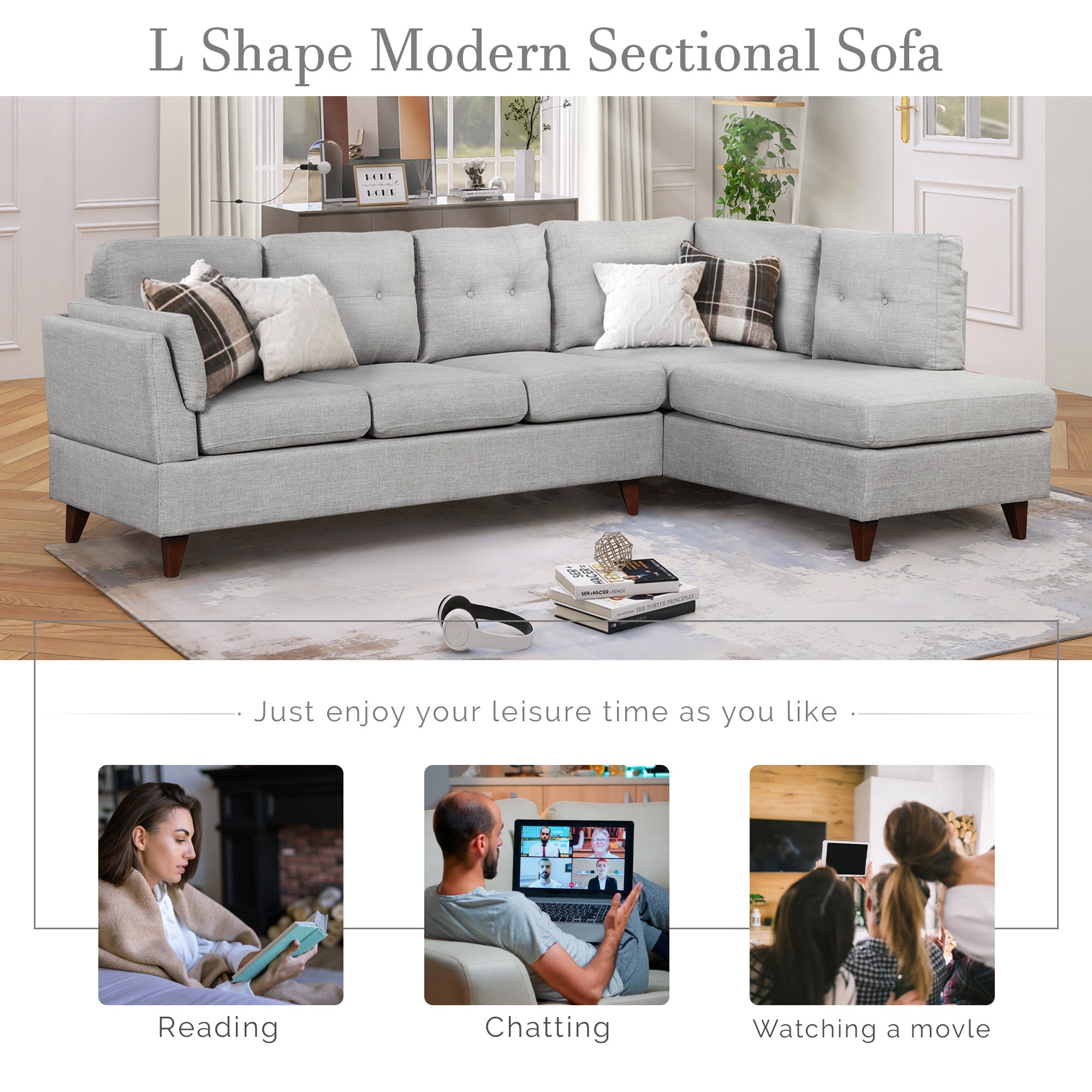 97.2" Modern Linen Fabric Sofa, L-Shape Couch with Chaise Lounge,Sectional Sofa with one Lumbar Pad,Gray