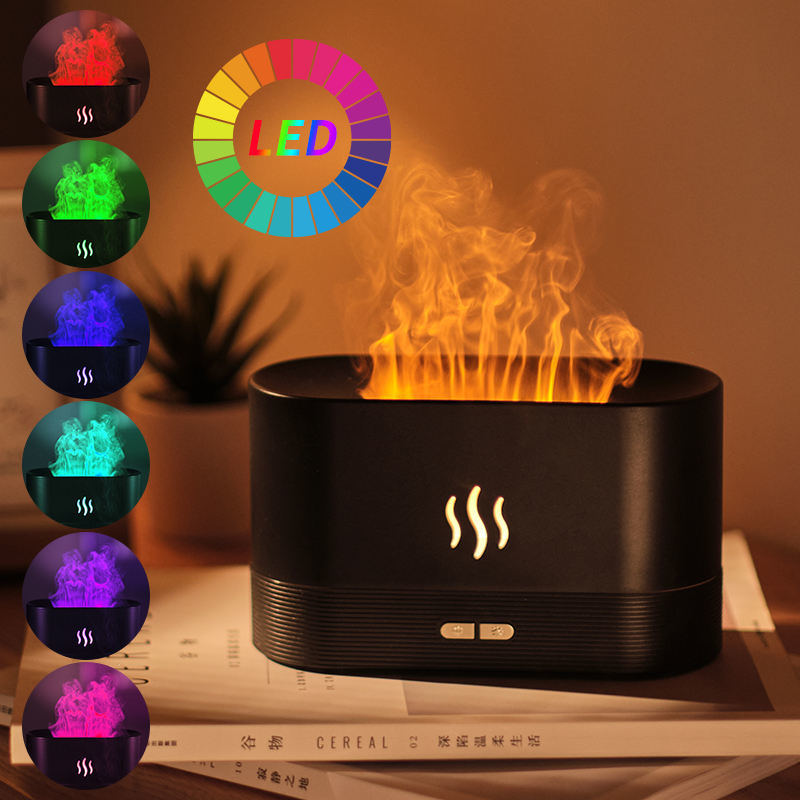 Upgraded Flame Diffuser DQ701A 180ml Aromatherapy Oil Diffuser Ultrasonic Cool Mist Diffuser with Waterless Auto Shut-Off Protection; 5 Color Flame Lights for Home/Office