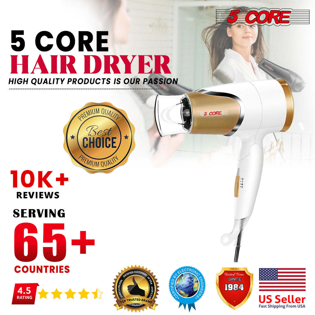 5 Core Hair Blow Dryer Lightweight | Hair Dryer Ionic Men Women Blower 1875W Ceramic Quiet Styling Pik - HD F