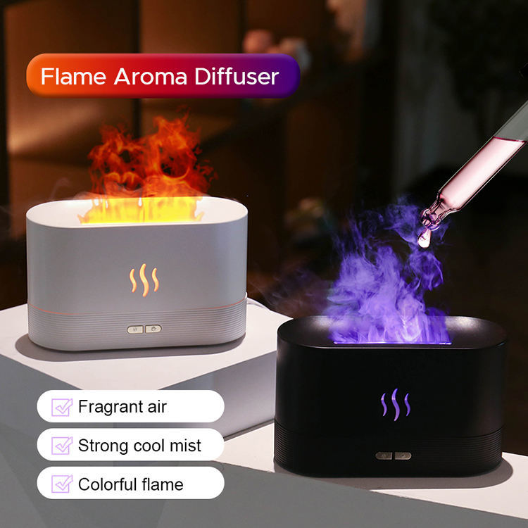 Upgraded Flame Diffuser DQ701A 180ml Aromatherapy Oil Diffuser Ultrasonic Cool Mist Diffuser with Waterless Auto Shut-Off Protection; 5 Color Flame Lights for Home/Office