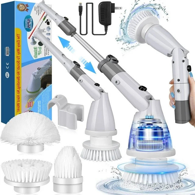 Electric Spin Scrubber, Cordless Bath Tub Power Scrubber with Long Handle & 4 Replaceable Heads, Detachable as Short Handle, Shower Cleaning Brush Household Tools for Bathroom & Tile Floor